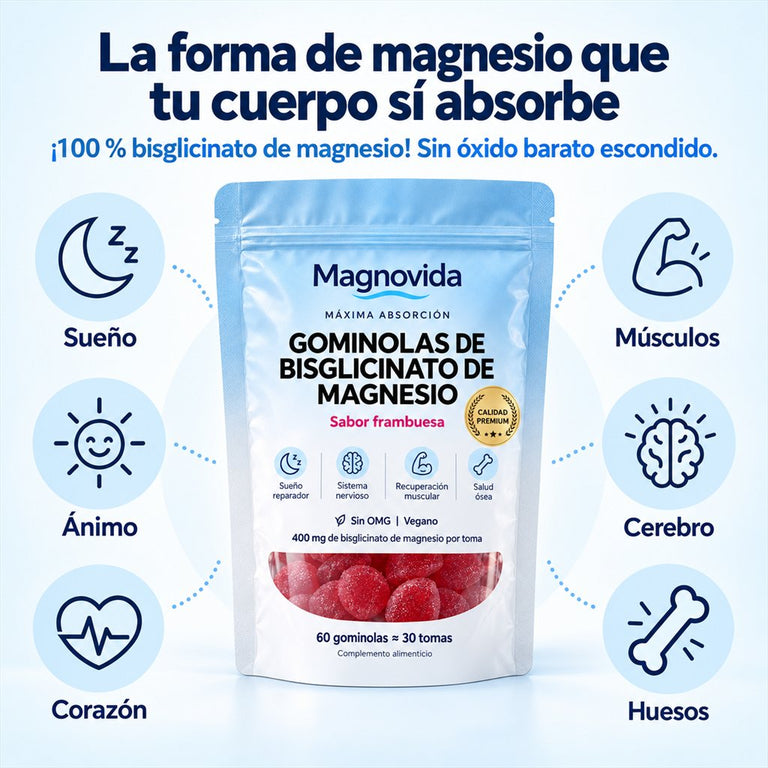 Bolsa de Magnovida con iconos de beneficios sobre fondo azul claro