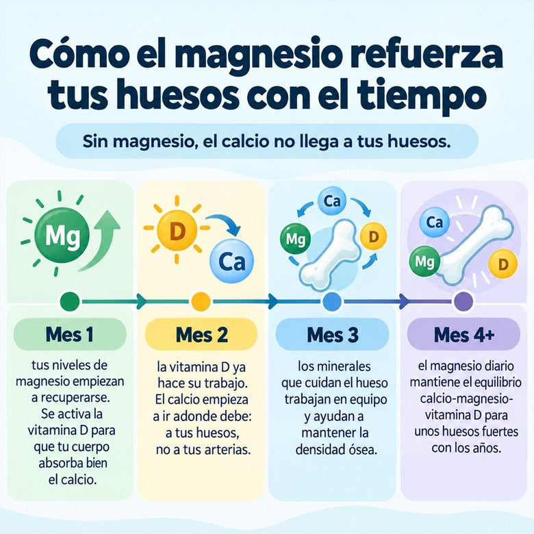 Infografía sobre el magnesio y la salud ósea sobre fondo azul claro