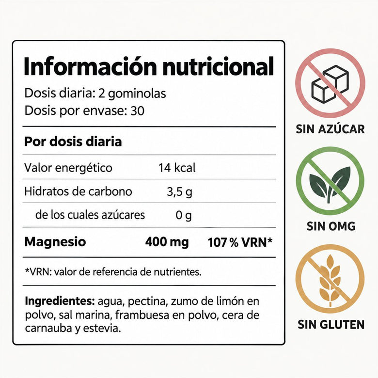 Etiqueta de información nutricional con iconos de sin azúcar, sin OMG y sin gluten